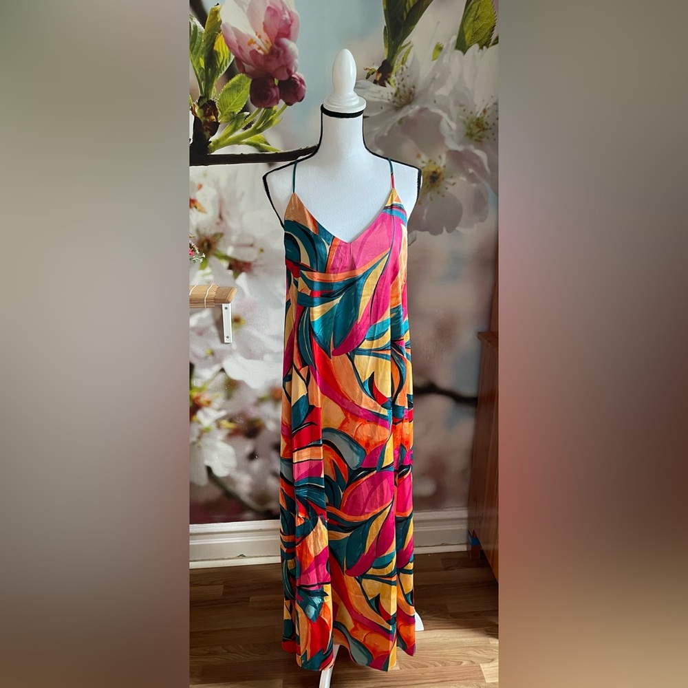 Nicole Miller New York Satin Abstract Print Maxi Dress Size M Sleeveless